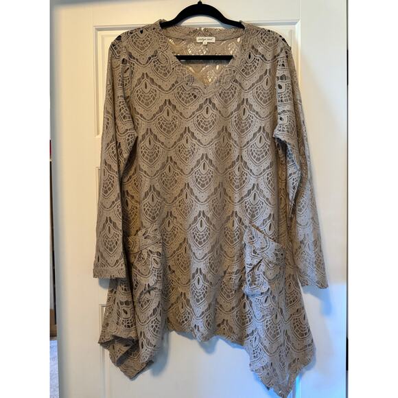 Indigo Soul Lace Cut-Out LS Taupe Women's Top Size M - Picture 1 of 4